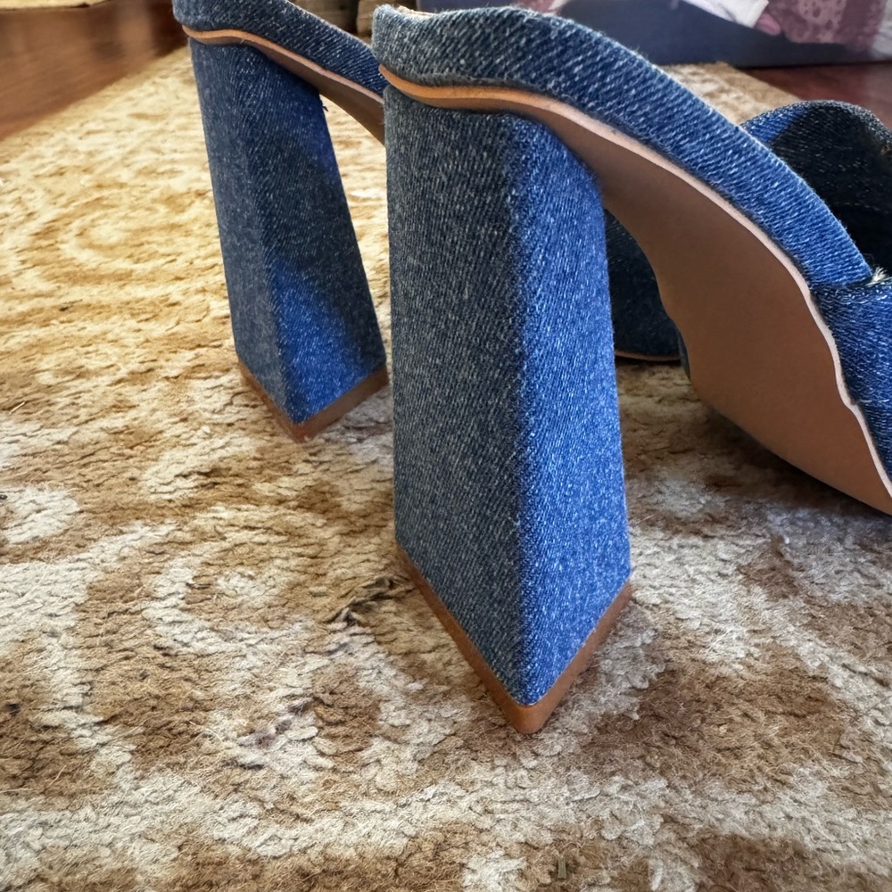 Denim Slide Mules with Block Heel - Blue - Picture 8 of 9